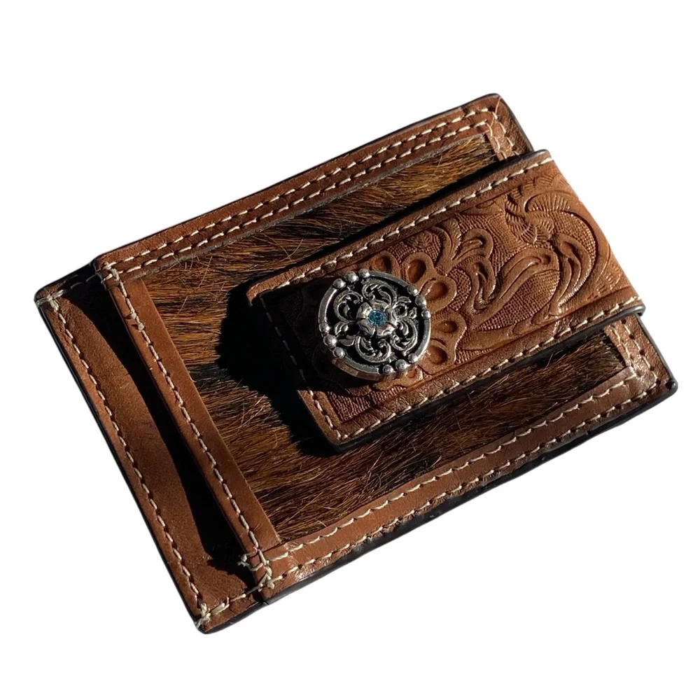 Western Genuine Leather & Cow Hair Money Clip Wallet - New